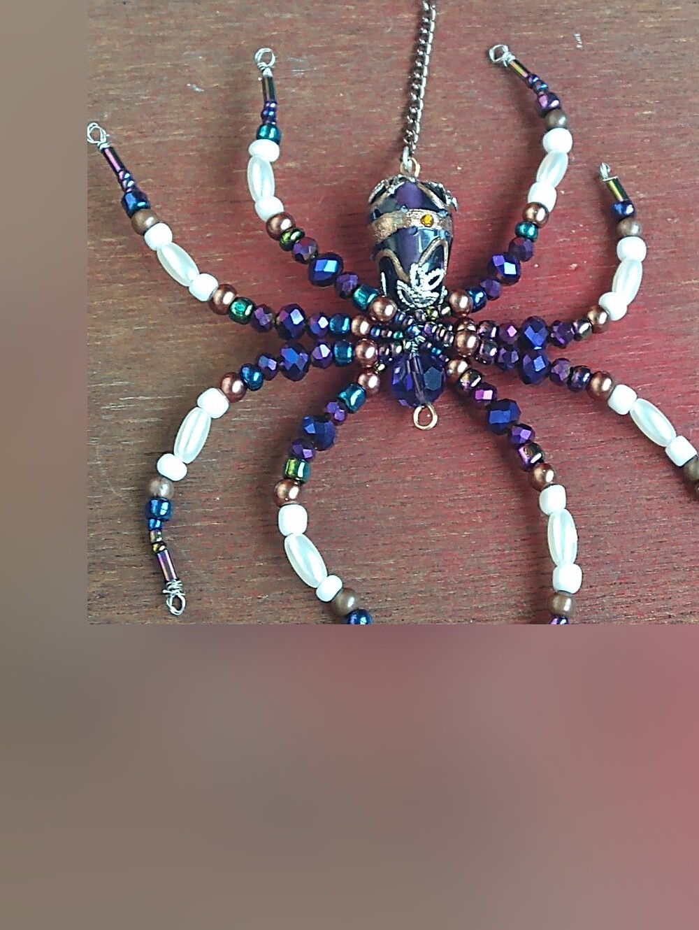 Hand Crafted • Beaded Spider Pendant Necklace - Purple, Brown & Pearl - Picture 9 of 12